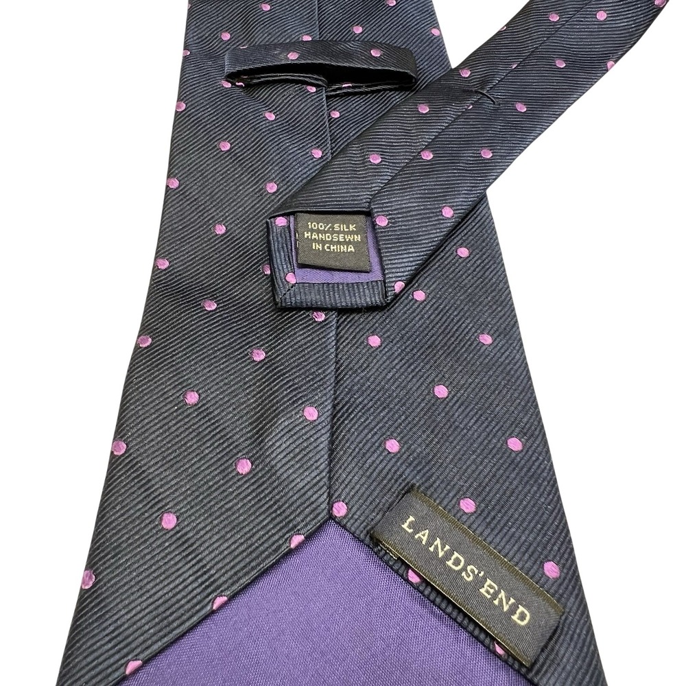 Lands End Mens Necktie Silk Polka Dot Repp Classic Business Purple Navy Blue